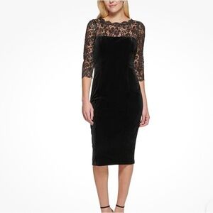 Eliza J Black Velvet Lace Cocktail Dress Midi Classic Long Sleeves